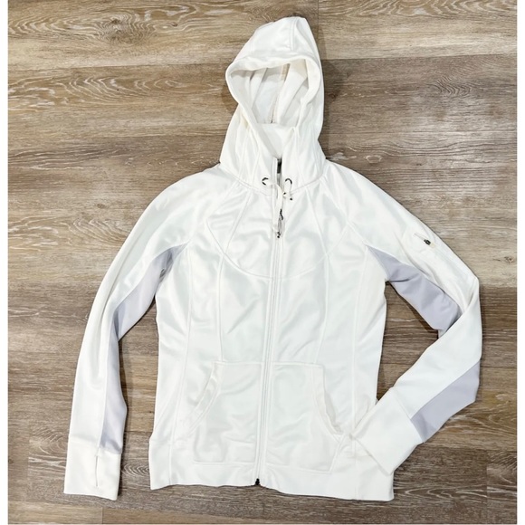Athleta Sz L White Gray Zip Up Sweatshirt Hoodie Jacket Womens - Picture 3 of 8